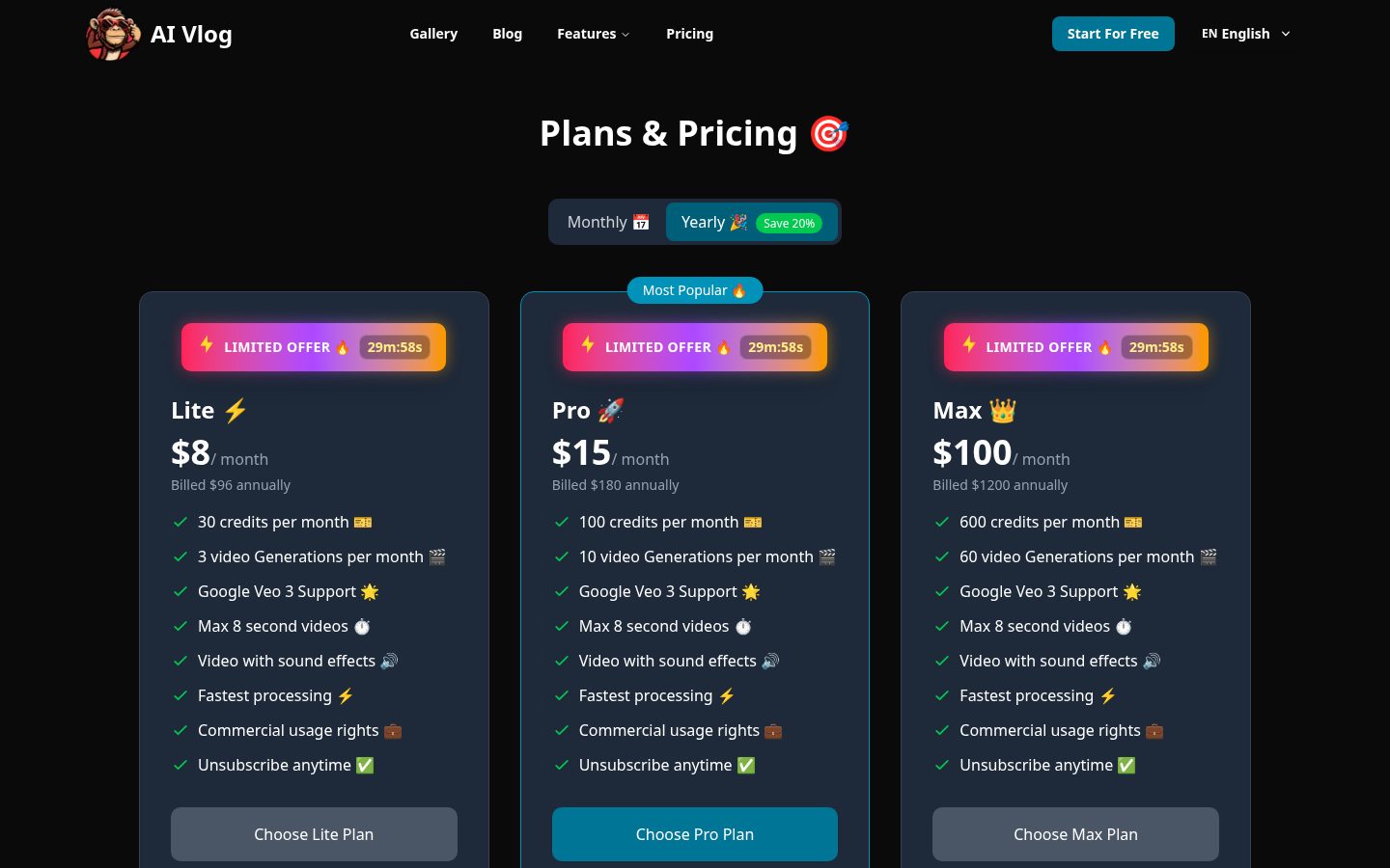 AI vlog video Maker Pricing