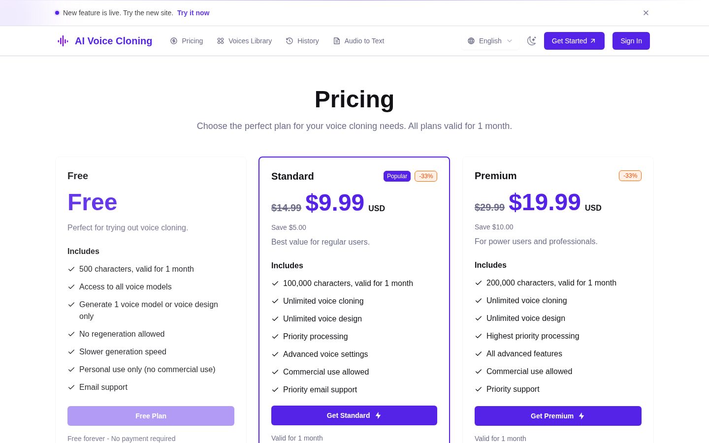 AI Voice Cloning Pricing