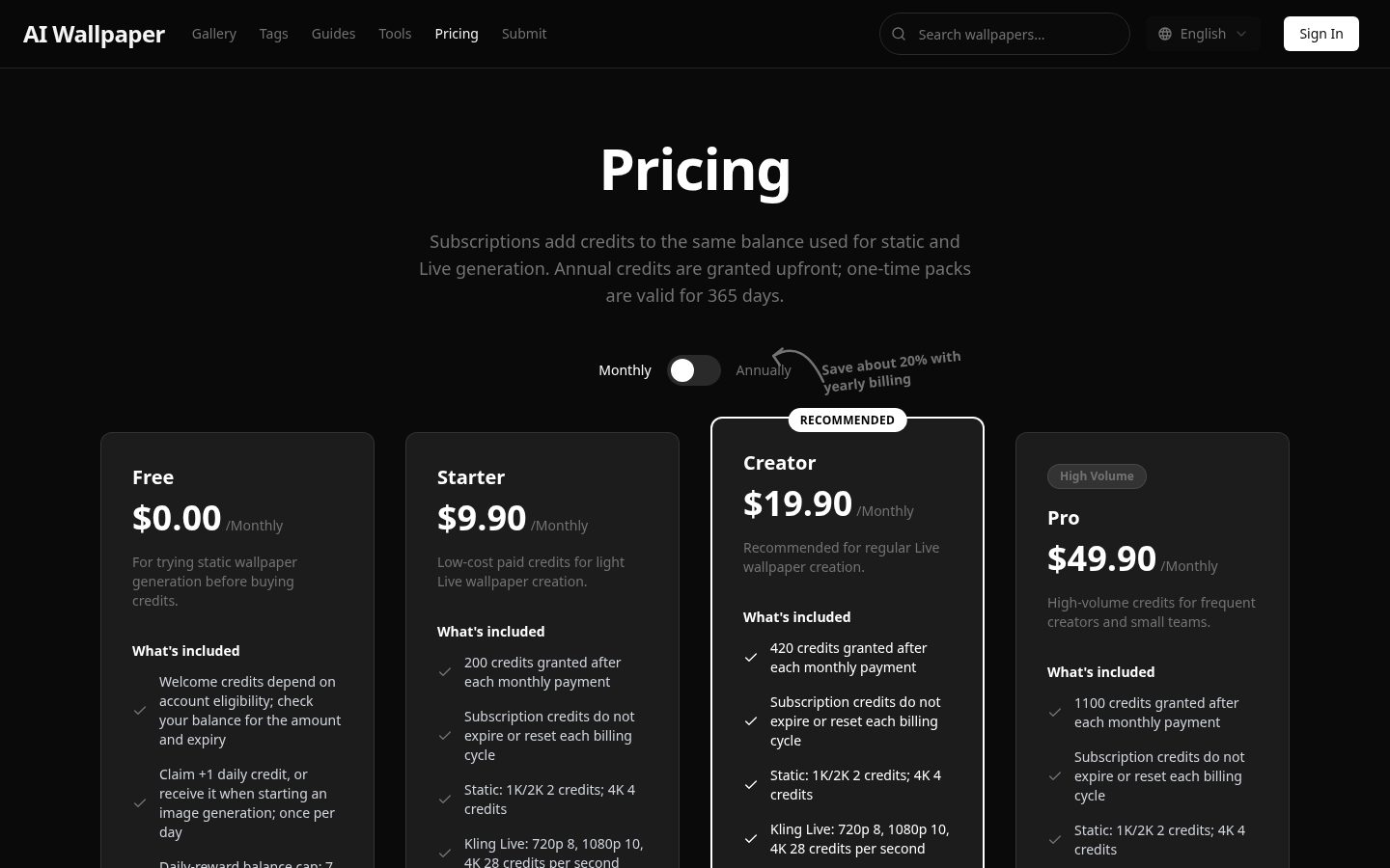 AI Wallpaper Pricing