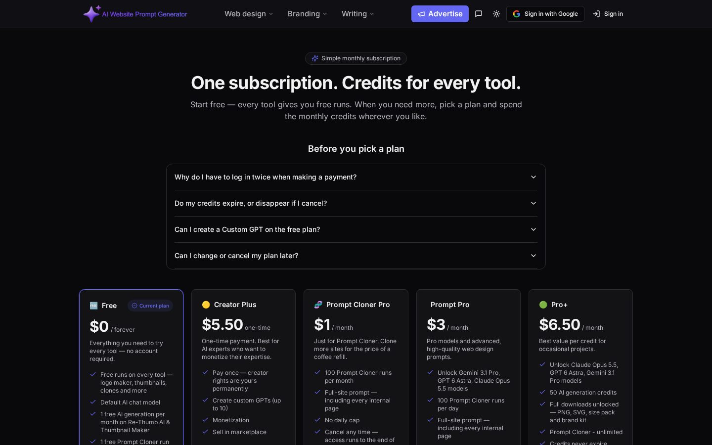 AI Website Prompt Generator Pricing