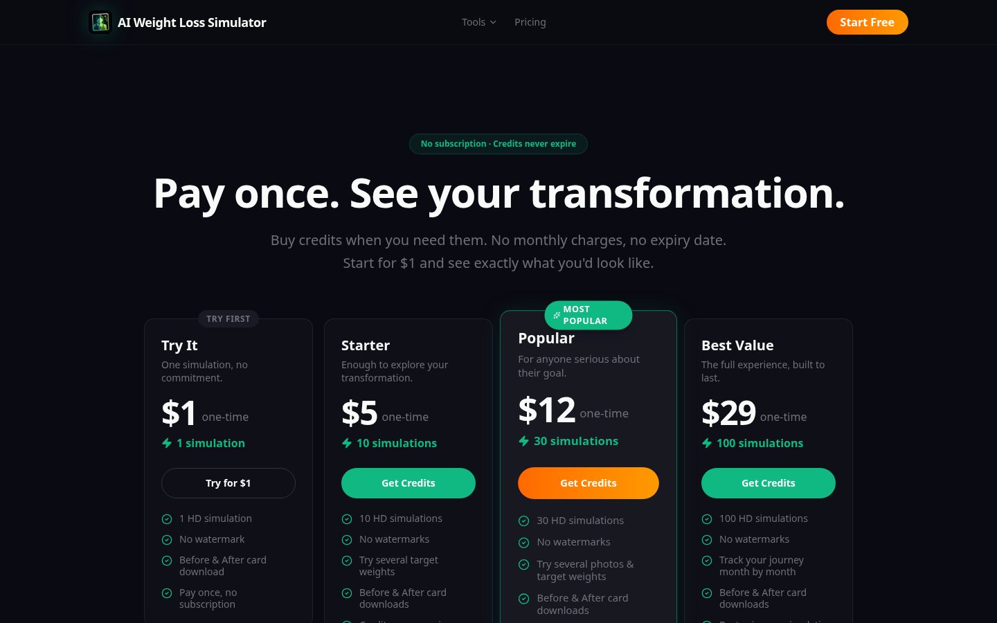 AI Weight Loss Simulator Pricing