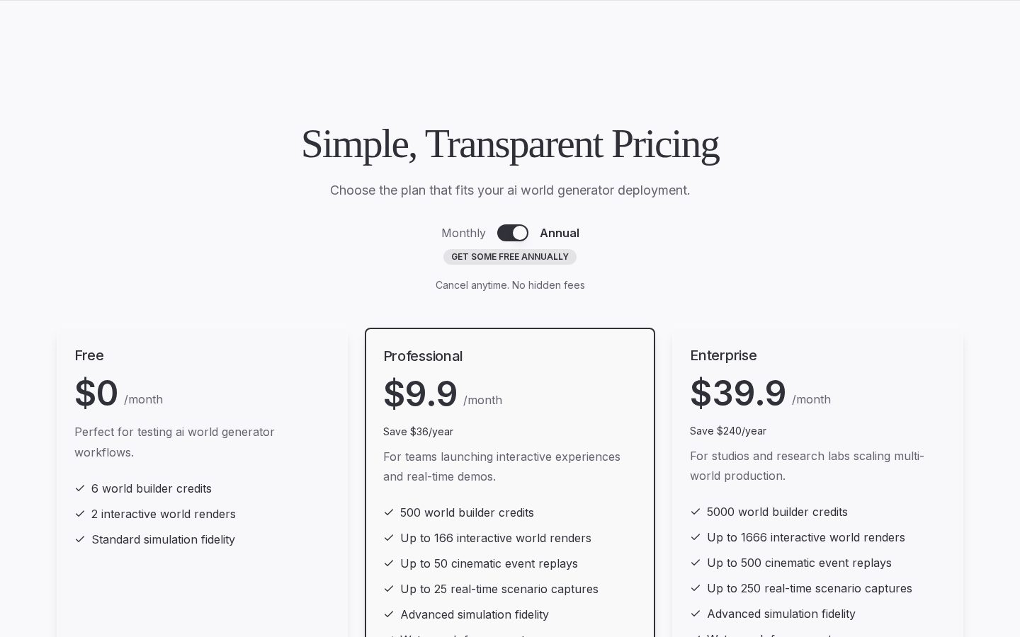 AI World Generator Pricing