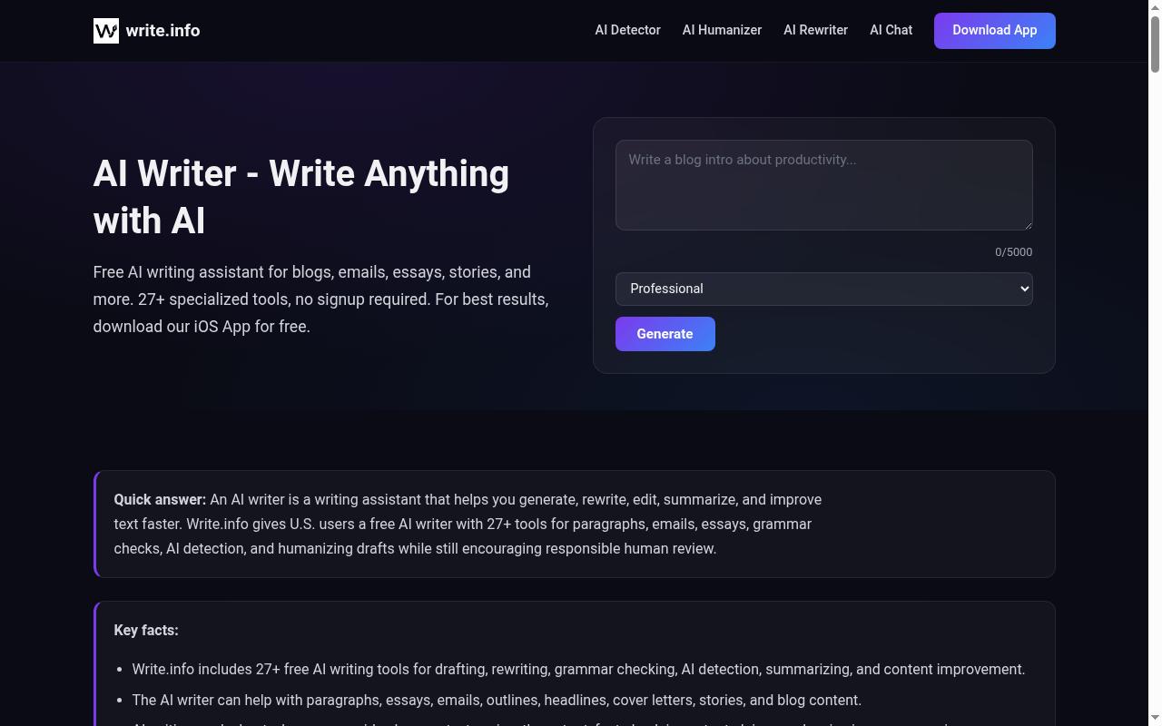 AI Writer Pro - Write.info Homepage
