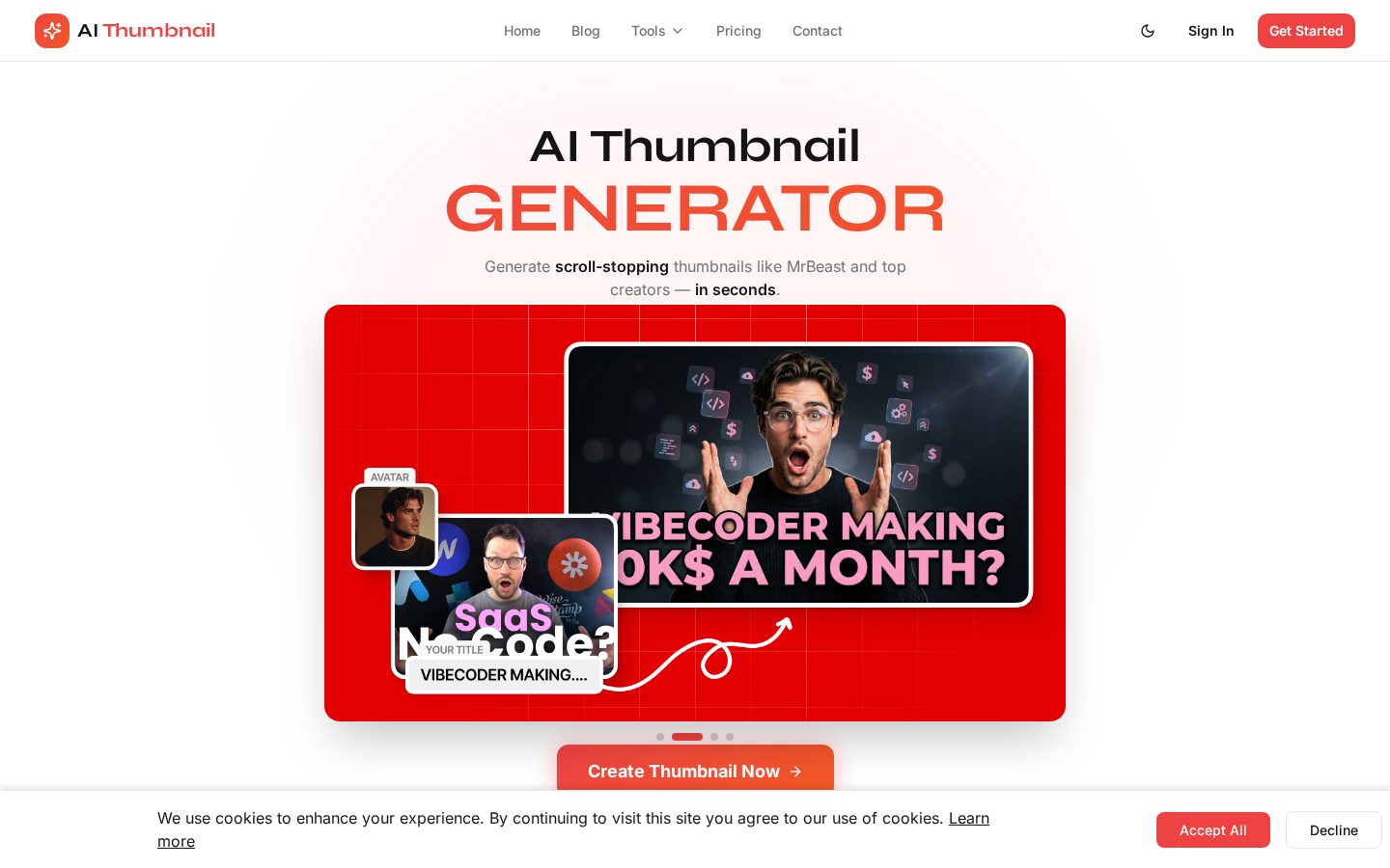 AI YouTube Thumbnail Generator Homepage