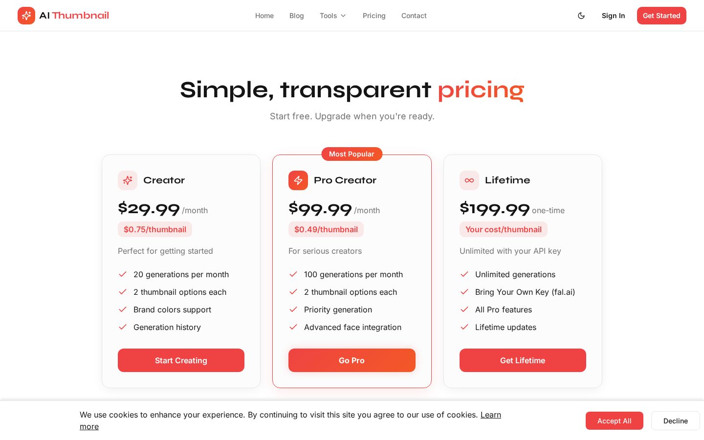 AI YouTube Thumbnail Generator Pricing