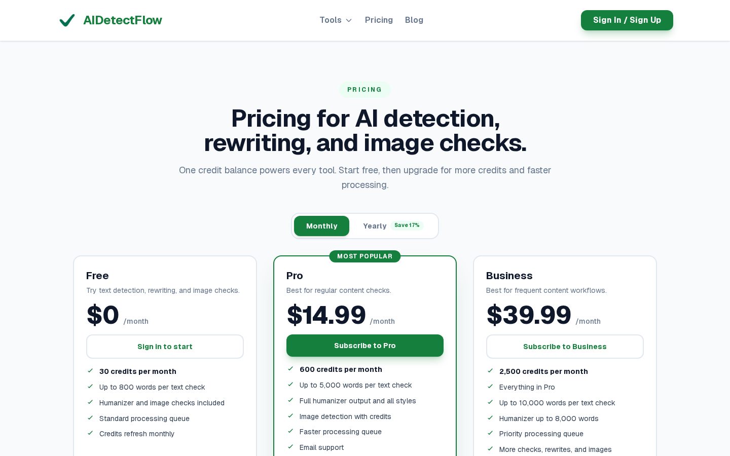 AIDetectFlow Pricing