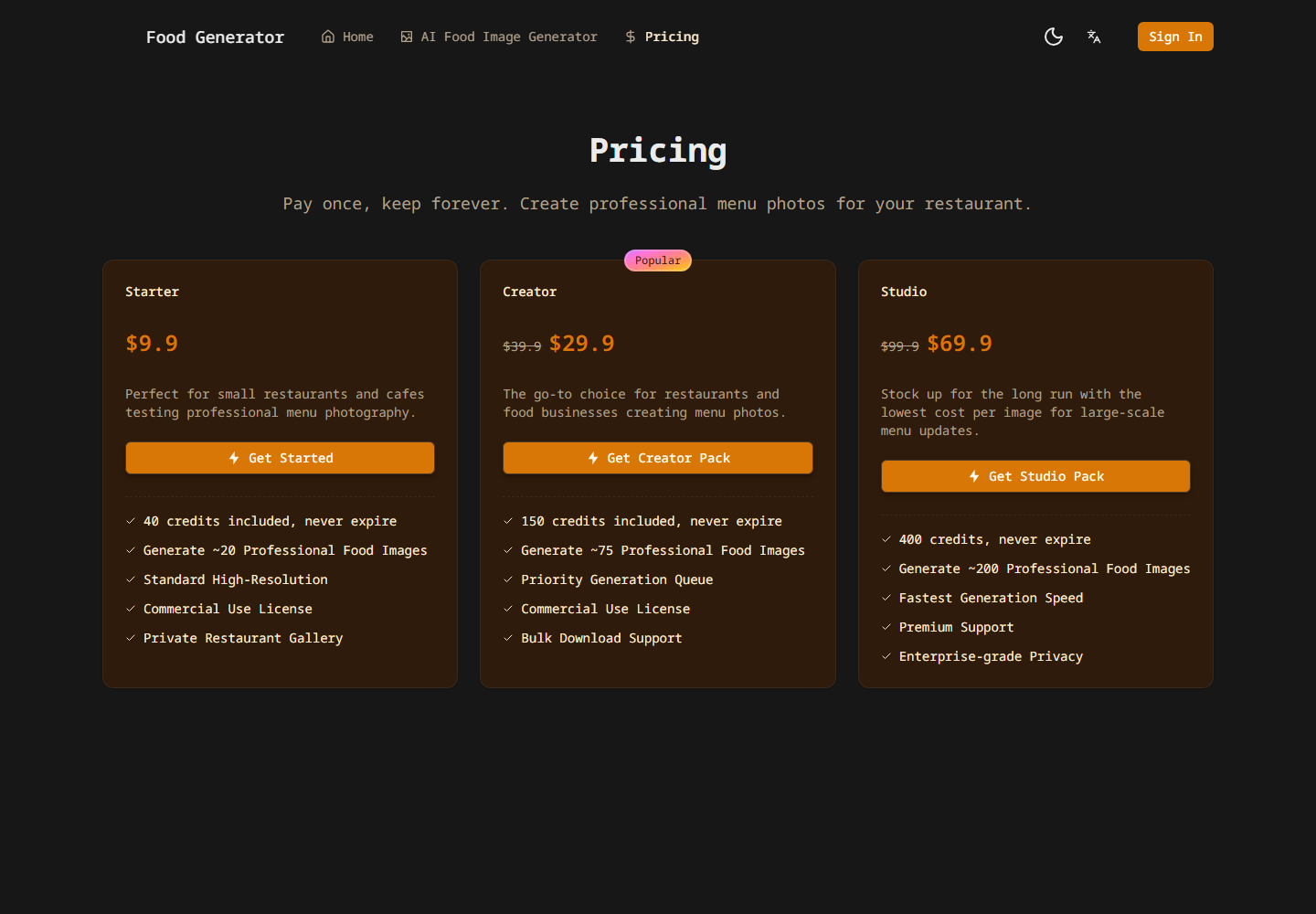 AIFoodGenerator.net pricing