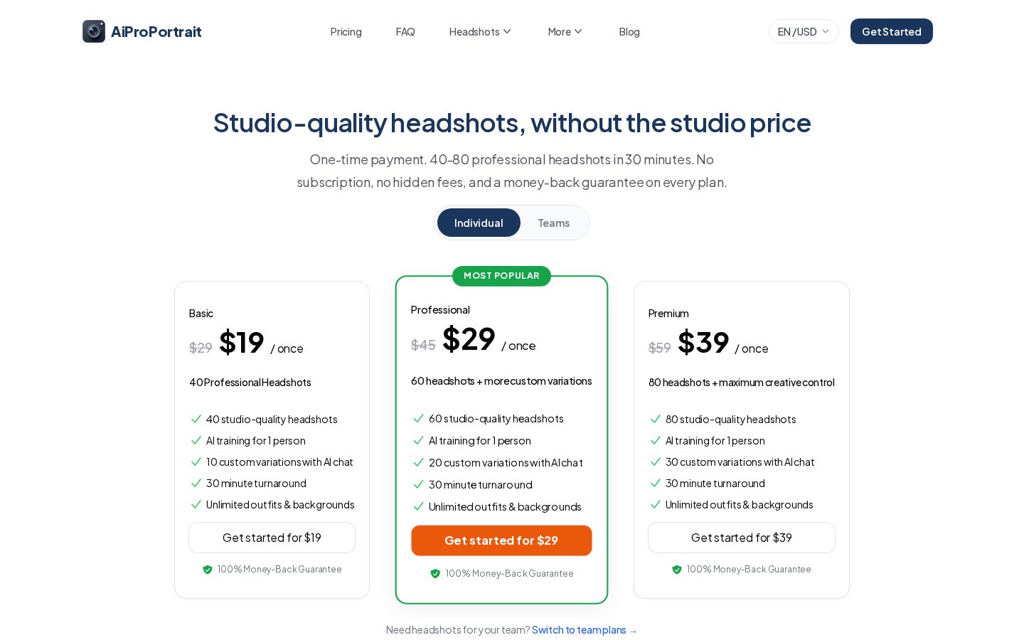 AiProPortrait Pricing