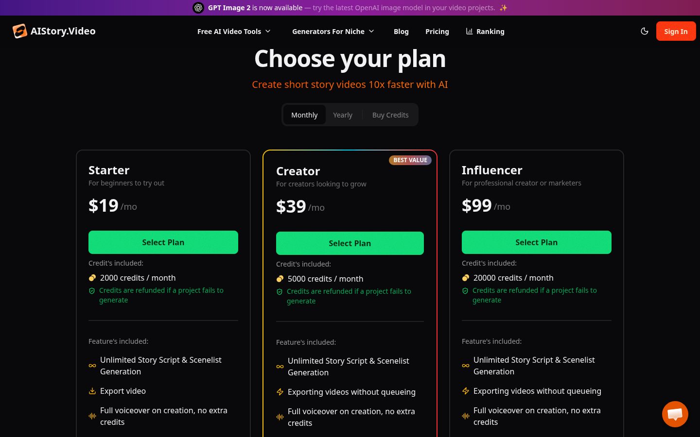 Aistory-video Pricing