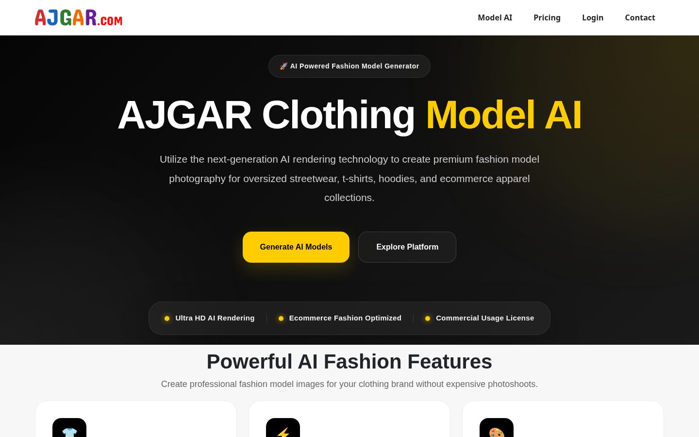 AJGAR Clothing Model AI Homepage