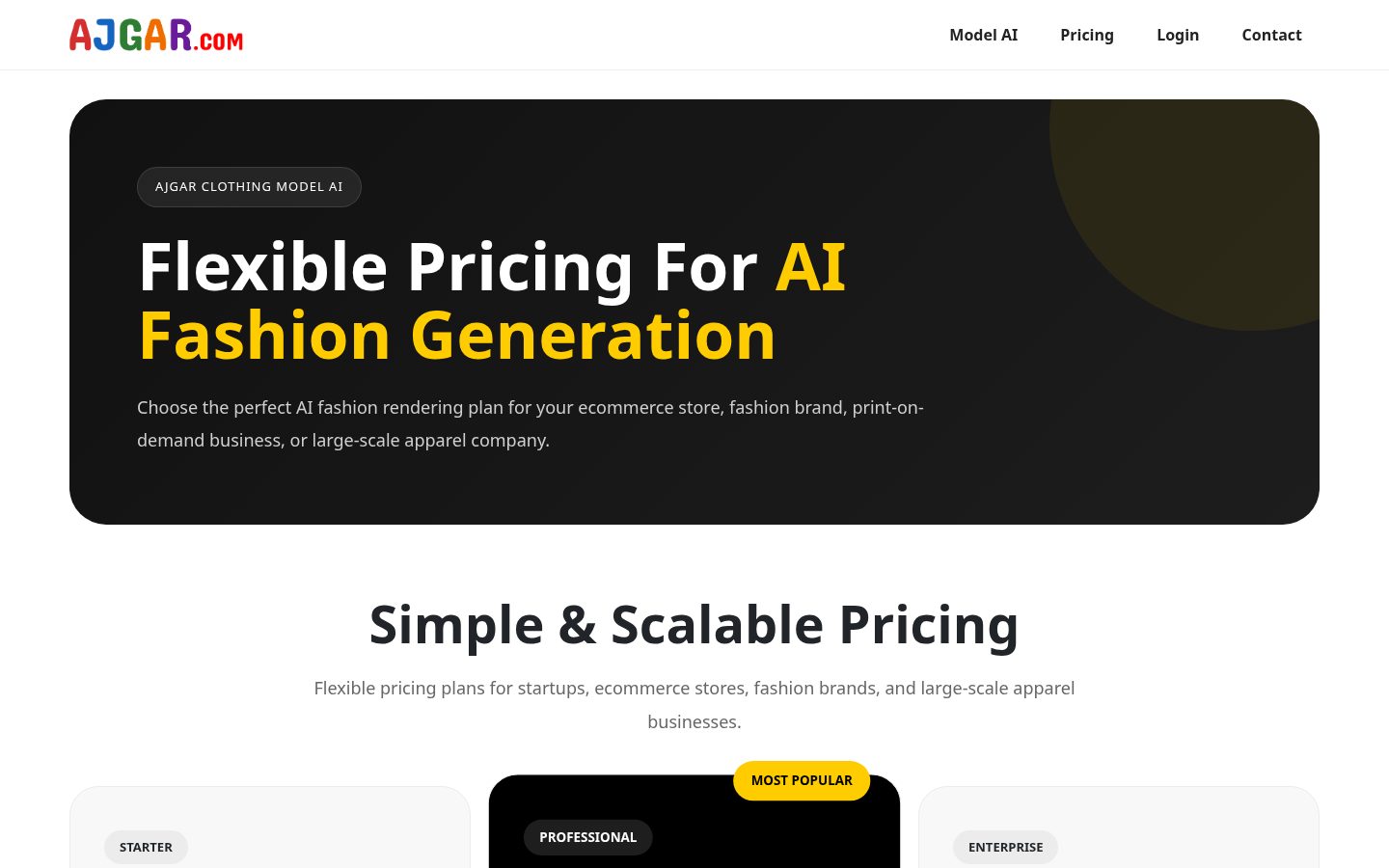 AJGAR Clothing Model AI Pricing