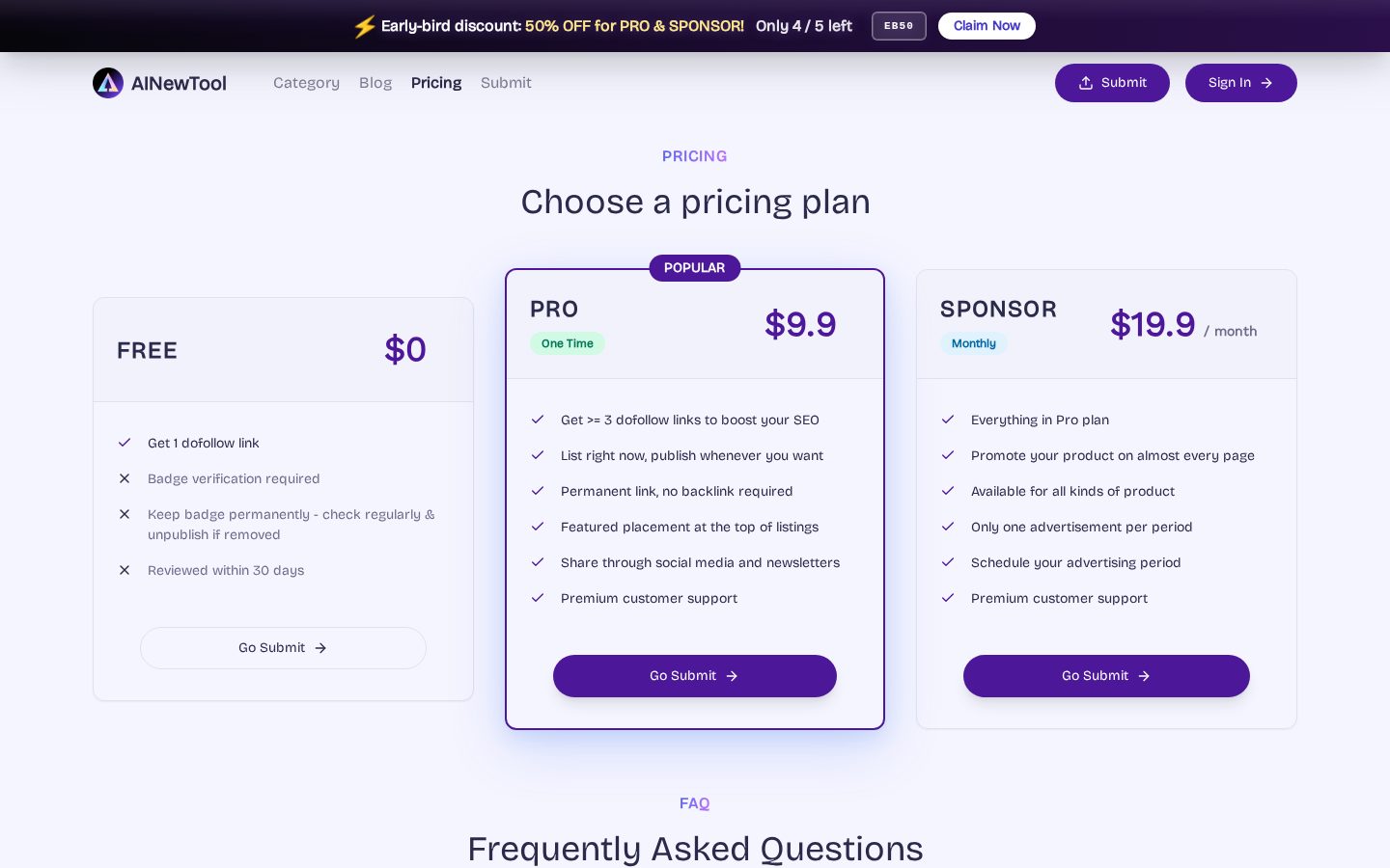 AlNewTool - Rising Al Tool Hub Pricing
