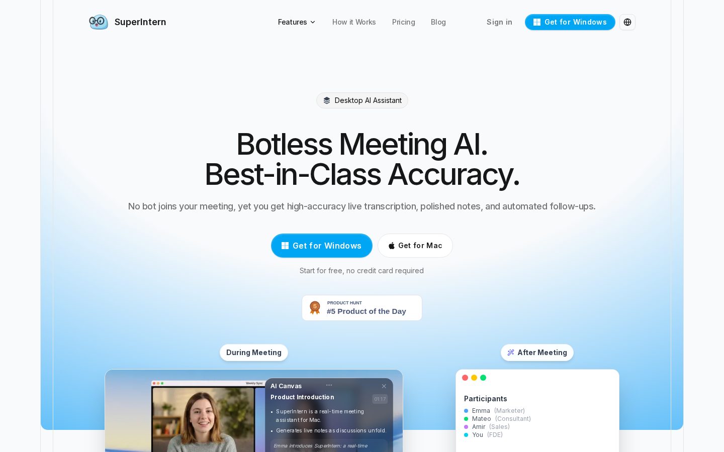 Always-on Meeting AI by SuperIntern Homepage