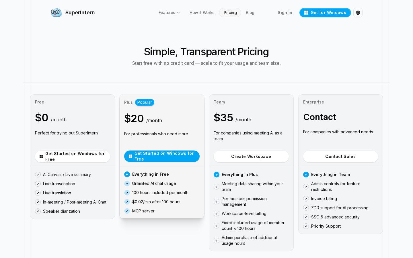 Always-on Meeting AI by SuperIntern Pricing
