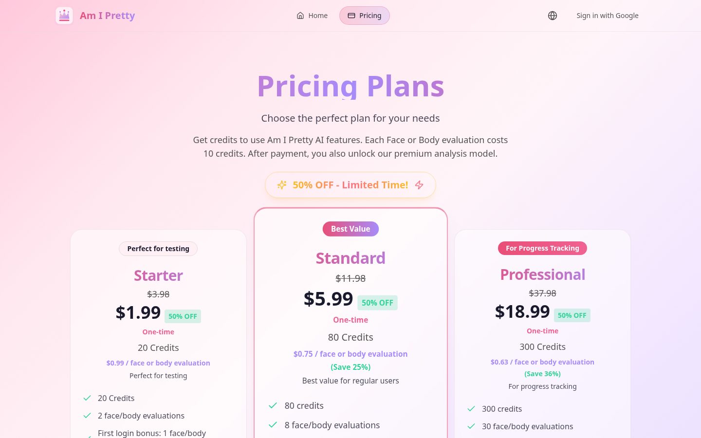 Am I Pretty Pricing