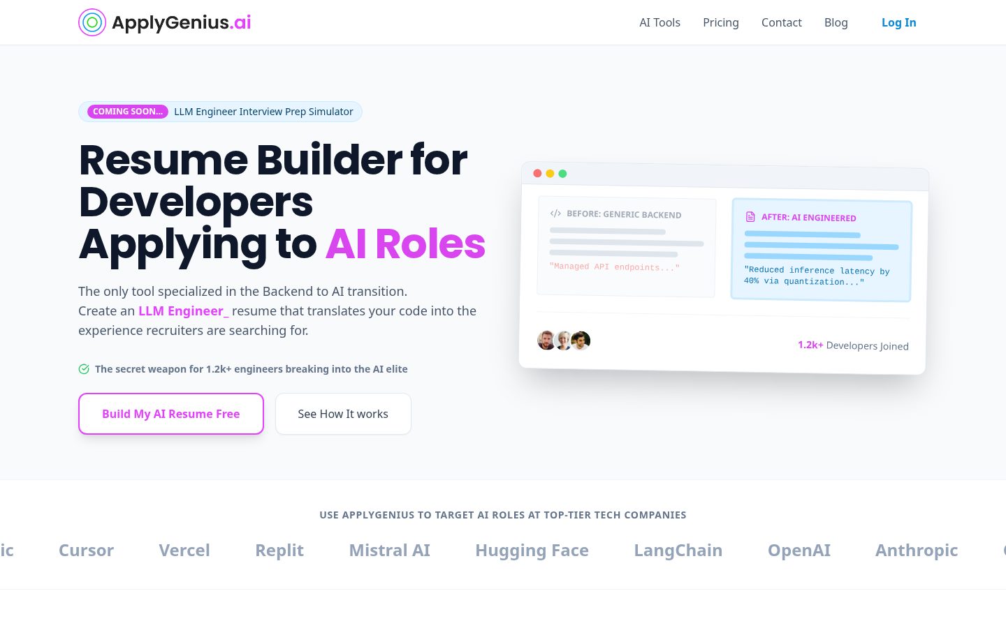ApplyGenius - AI Resume Builder For Developers Homepage