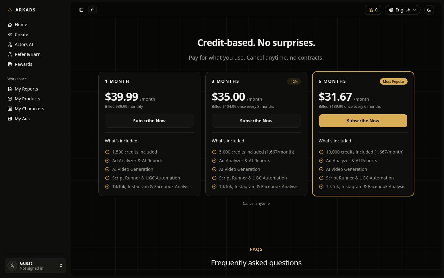 ARKADS Pricing