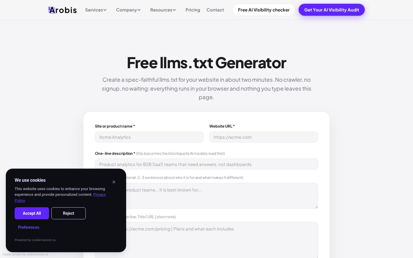 Arobis llms.txt Generator Homepage