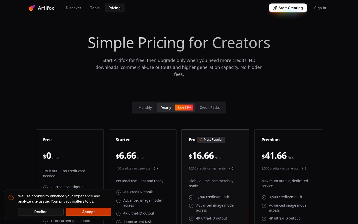 Artifox Pricing