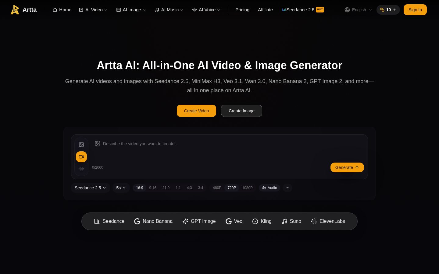 Artta AI Homepage
