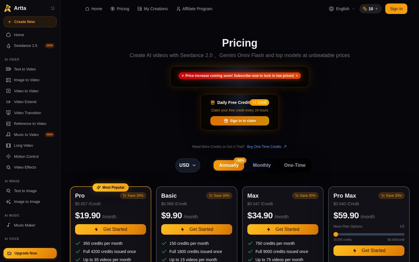 Artta AI Pricing