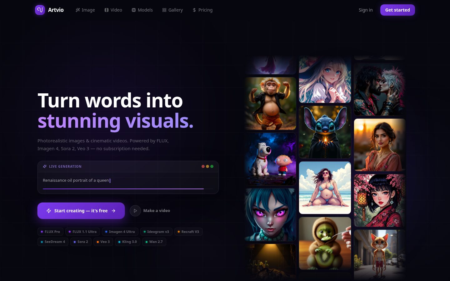 Artvio AI Image & Video Generator Homepage