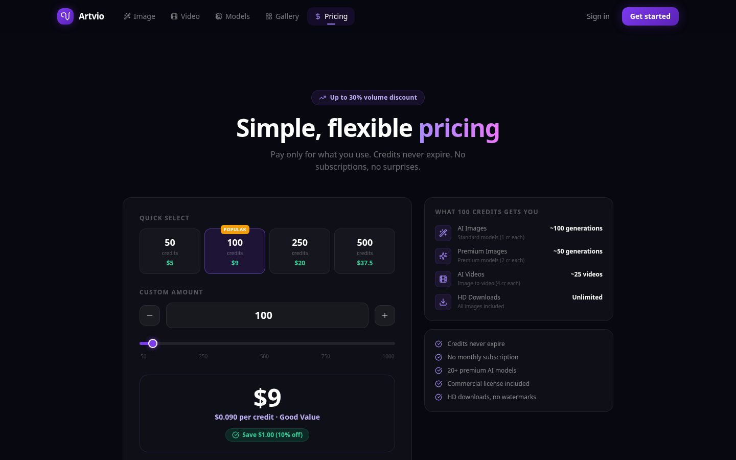 Artvio AI Image & Video Generator Pricing