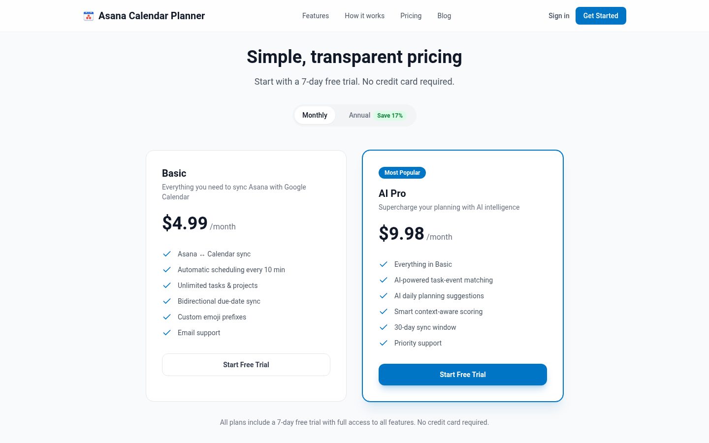 Asana Calendar Planner Pricing