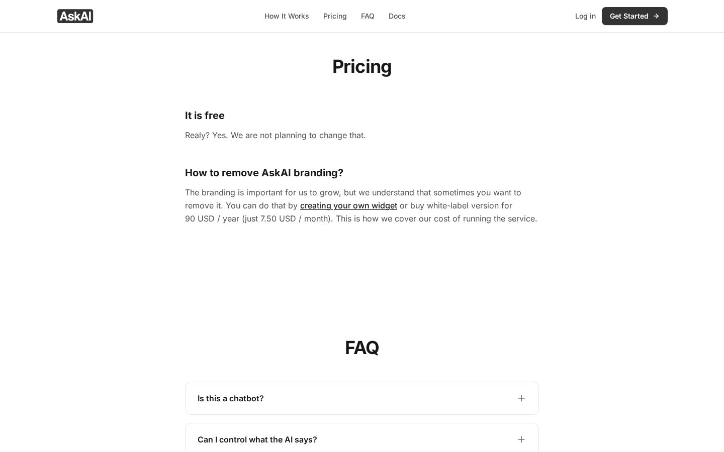 Ask AI widget Pricing