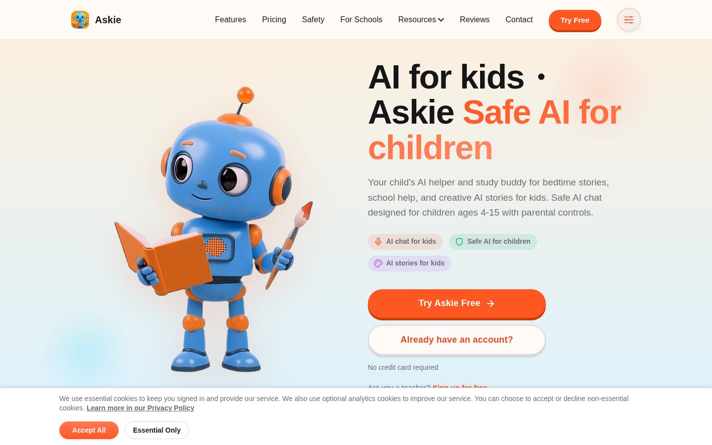 Askie - AI for kids Homepage