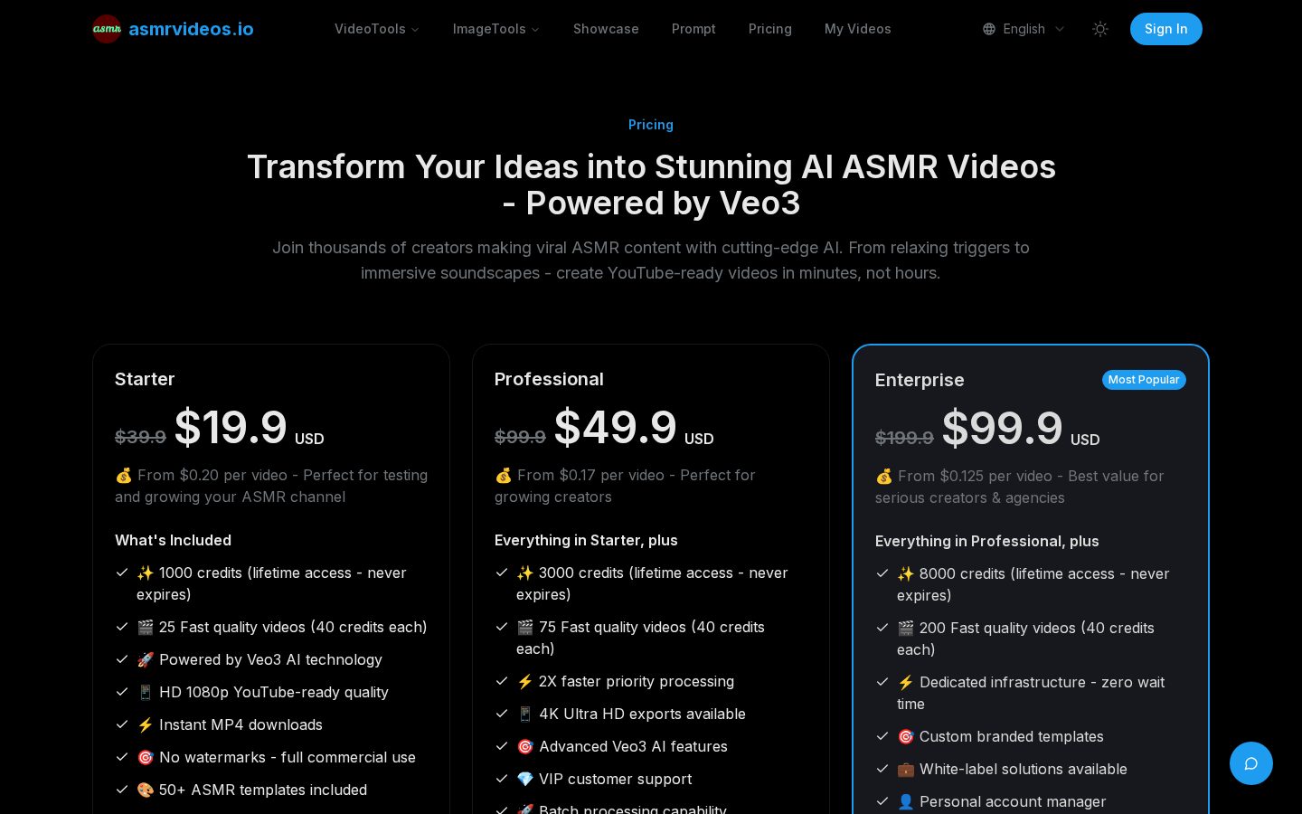 asmr videos Pricing