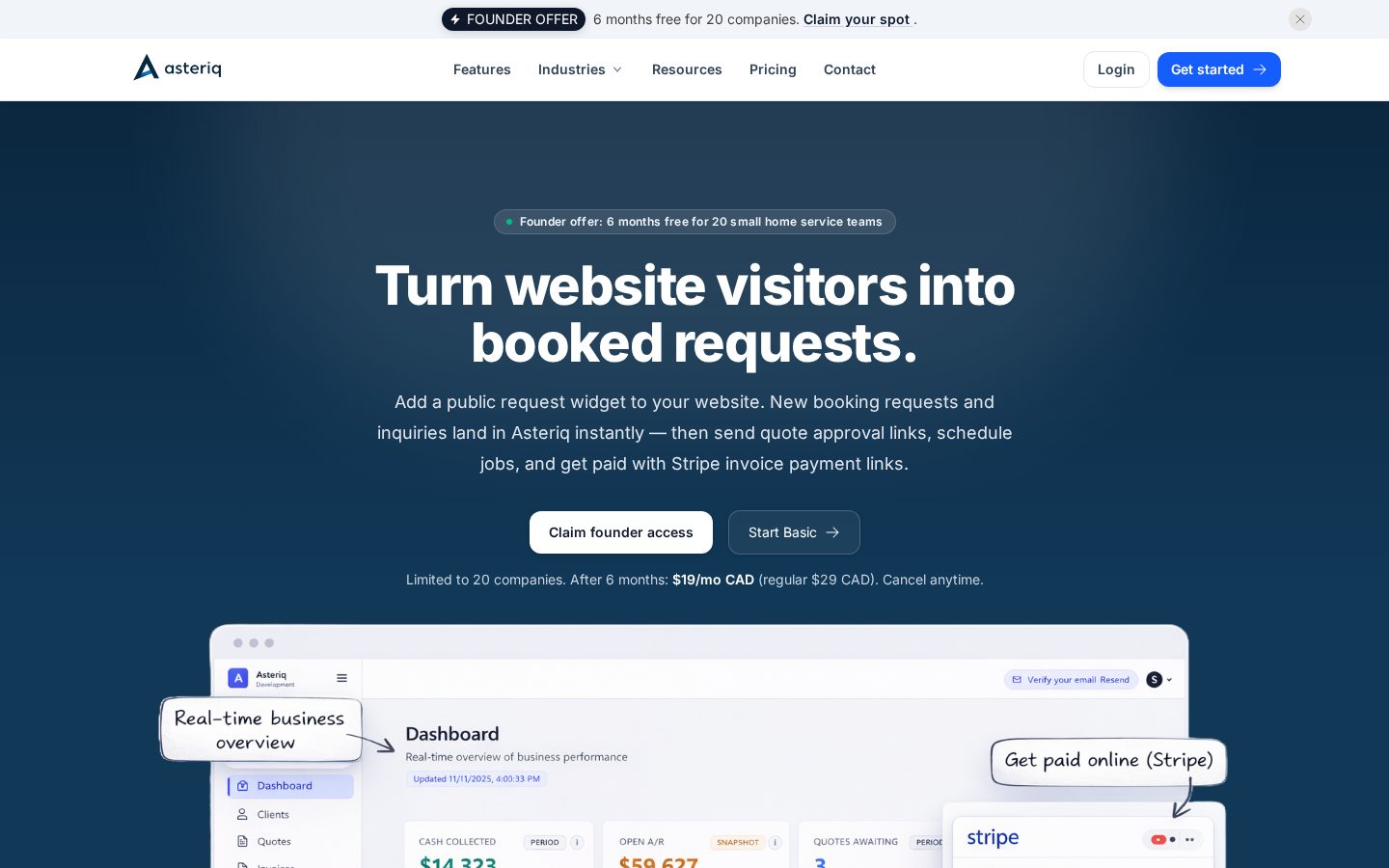 Asteriq AI-native Service CRM Homepage