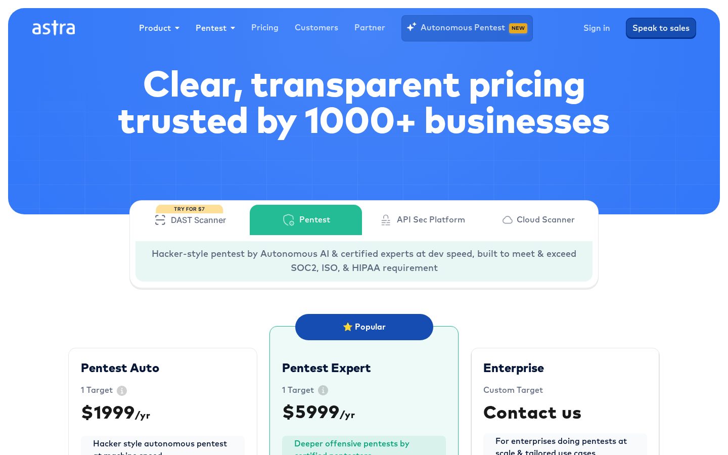 Astra Autonomous Pentest Pricing