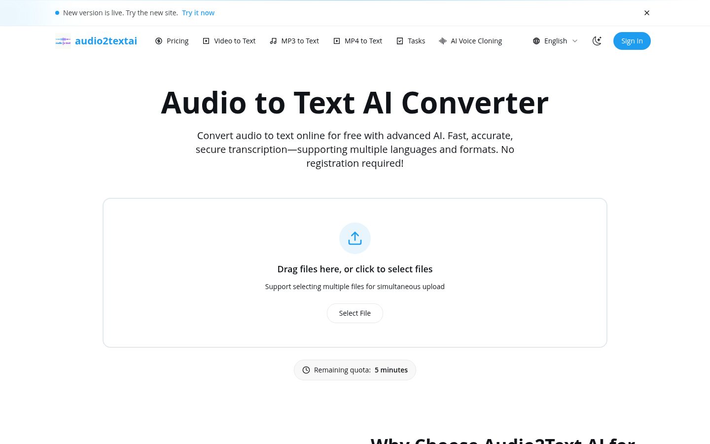 Audio to Text AI Converter Homepage
