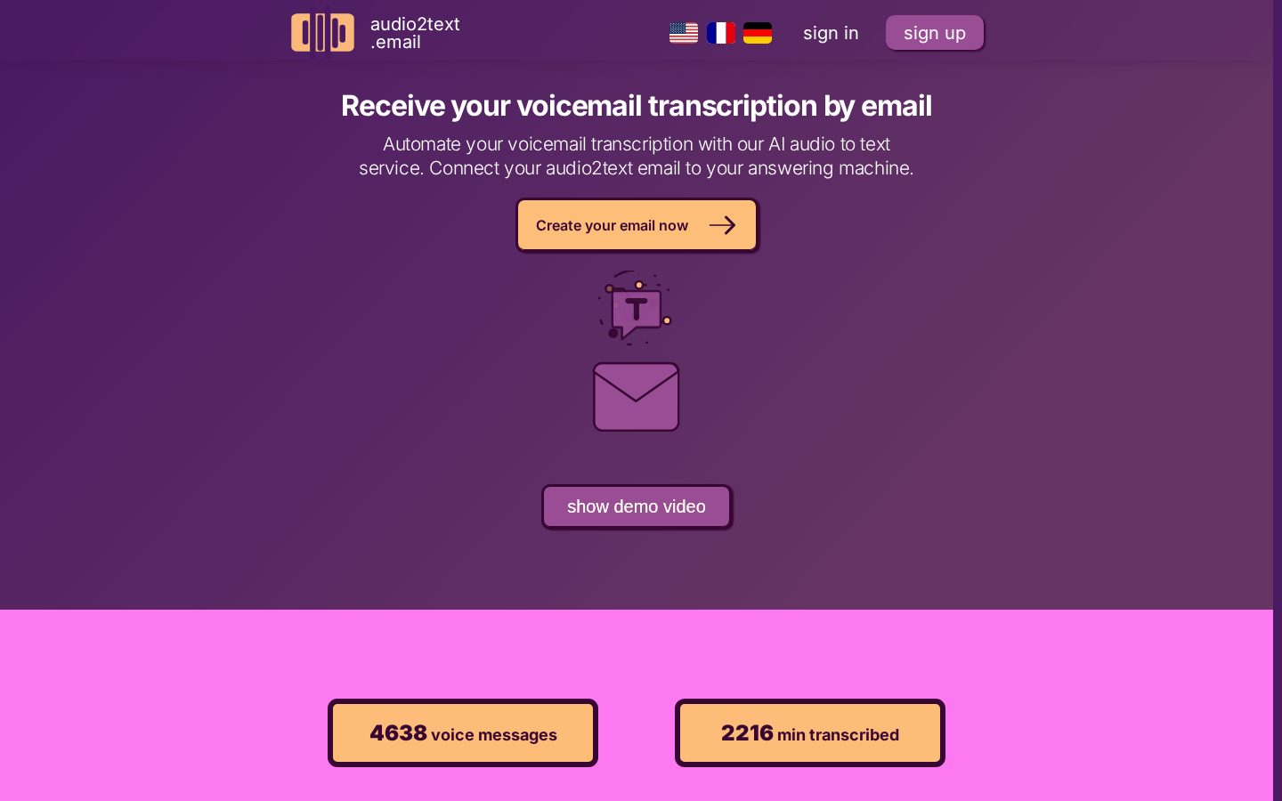 Audio2text.email Homepage