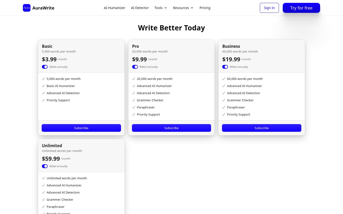 AuraWrite AI Pricing