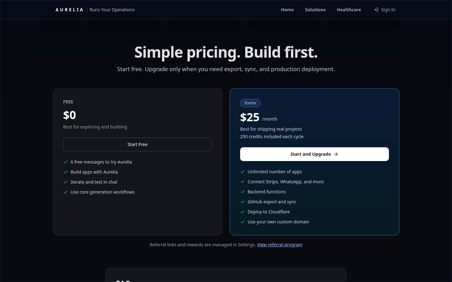 Aurelia Your AI Co-Founder Pricing