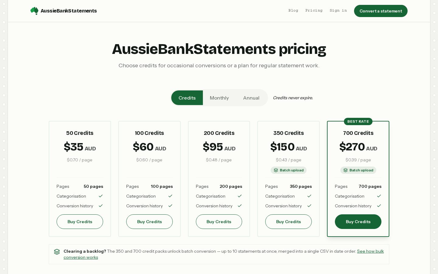 AussieBankStatements Pricing