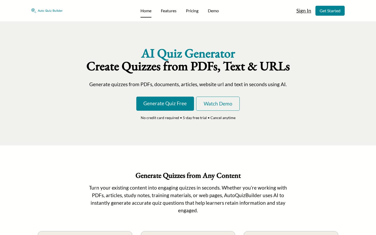 Auto Quiz Builder Homepage