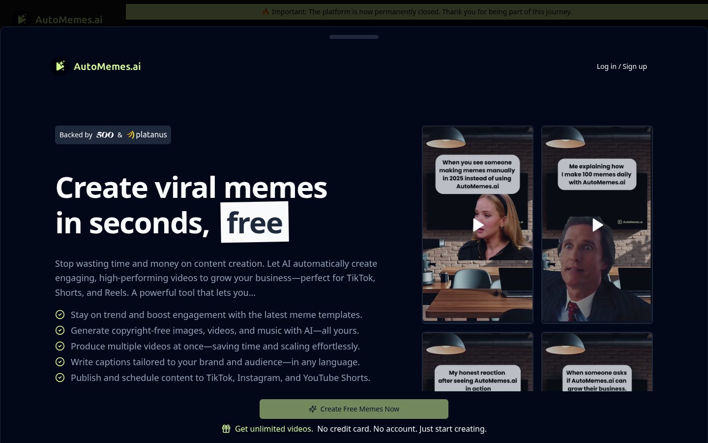 AutoMemes.ai Homepage