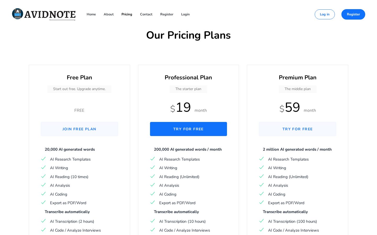 Avidnote Pricing