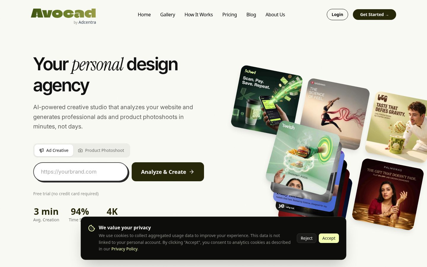 Avocad AI Ad & Photoshoot Generator Homepage