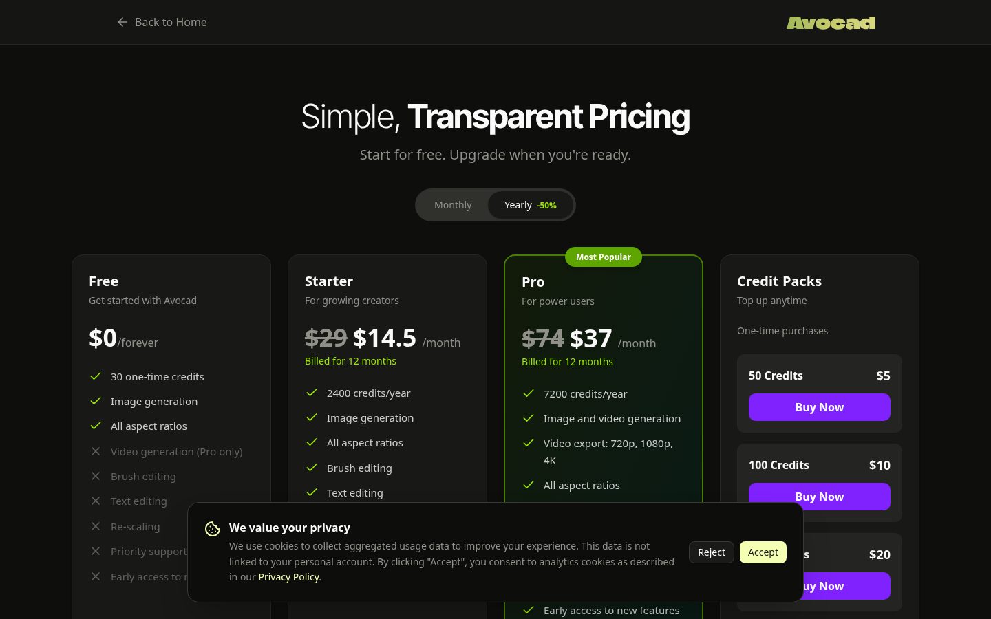 Avocad AI Ad & Photoshoot Generator Pricing