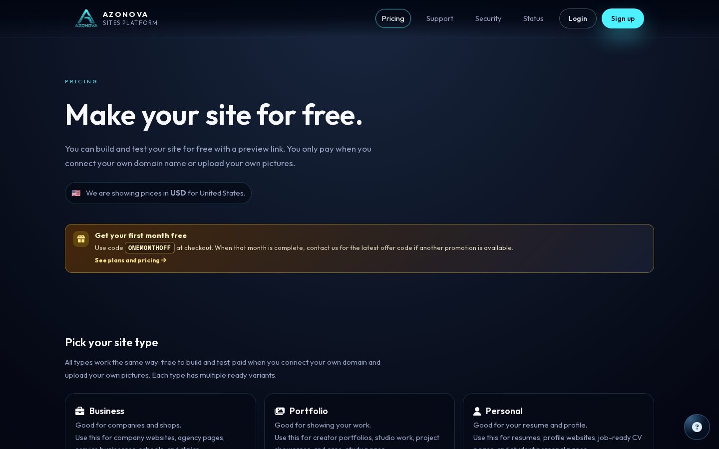 Azonova Sites Pricing
