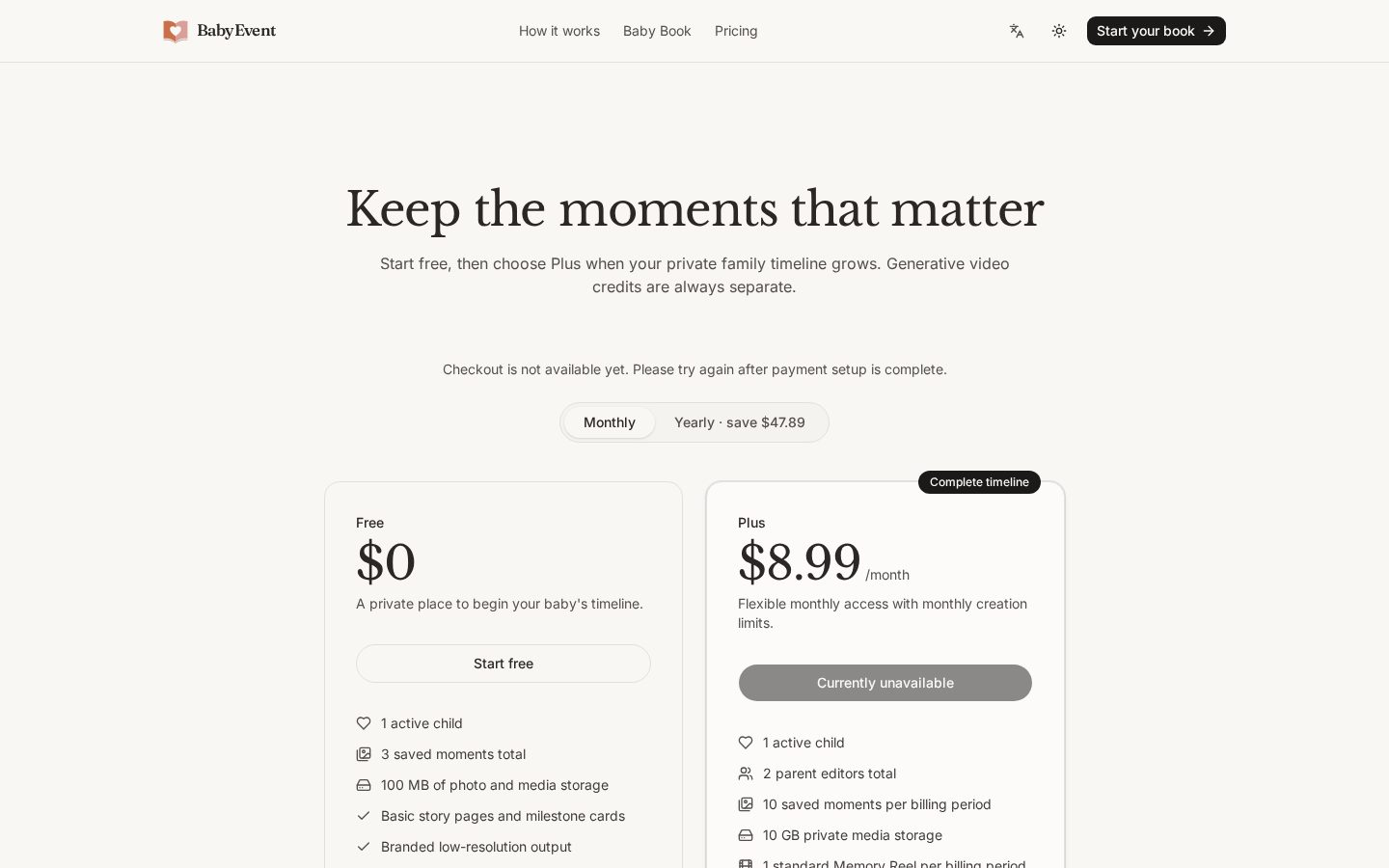 BabyEvent Pricing