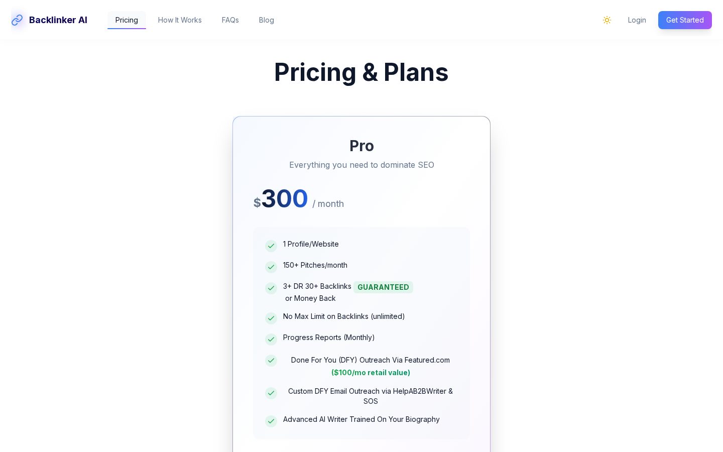 Backlinker AI Pricing