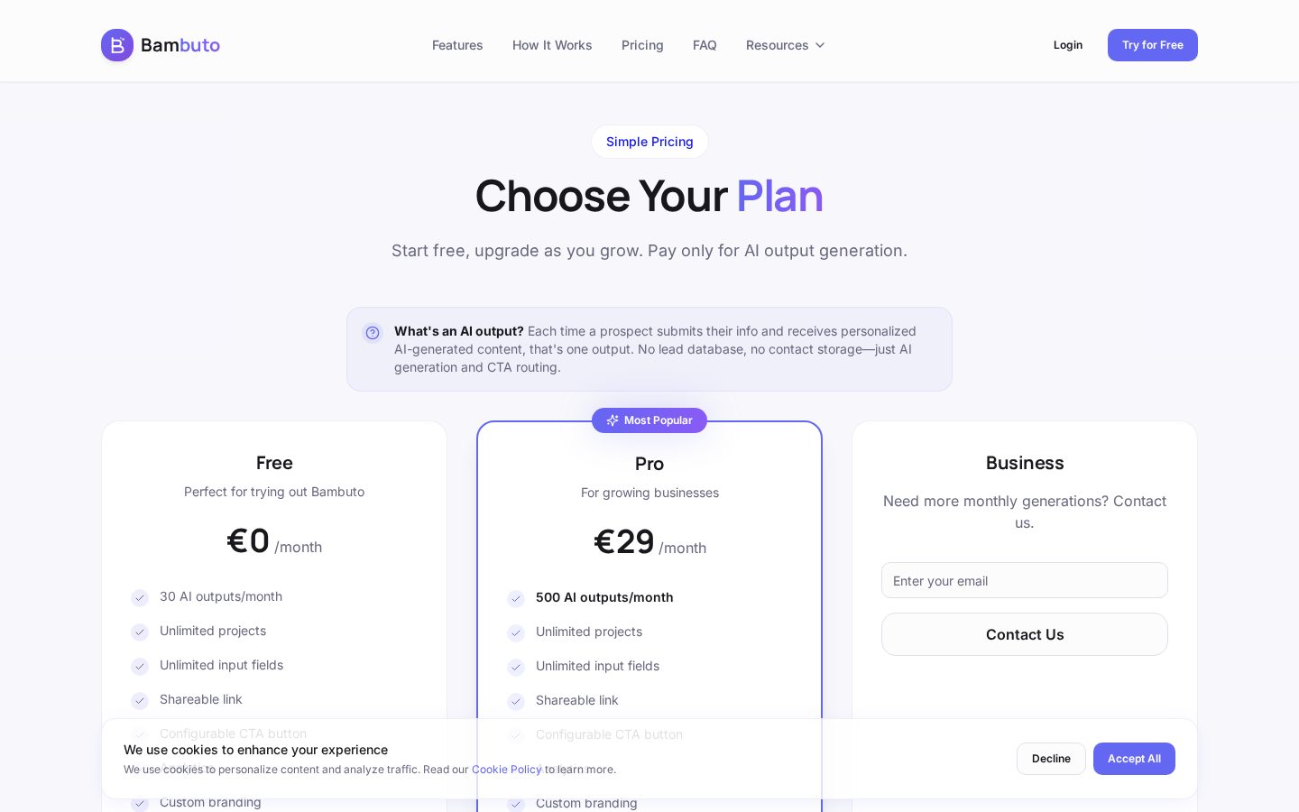 Bambuto Pricing