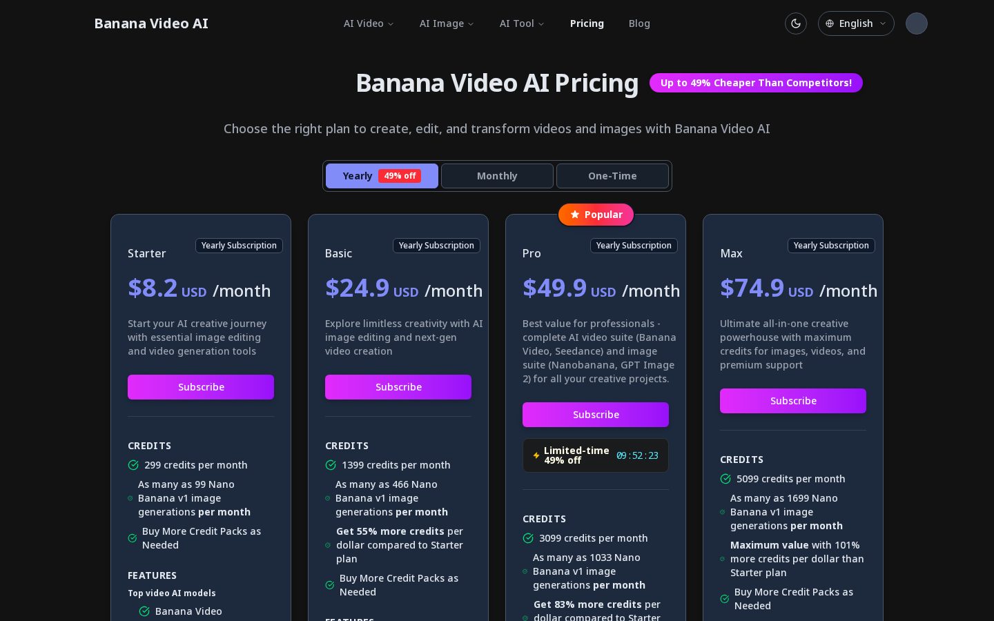 Banana video ai Pricing