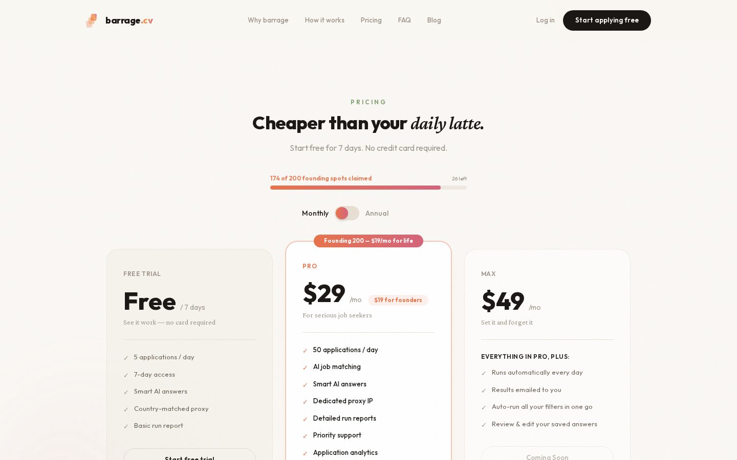 barrage.cv Pricing
