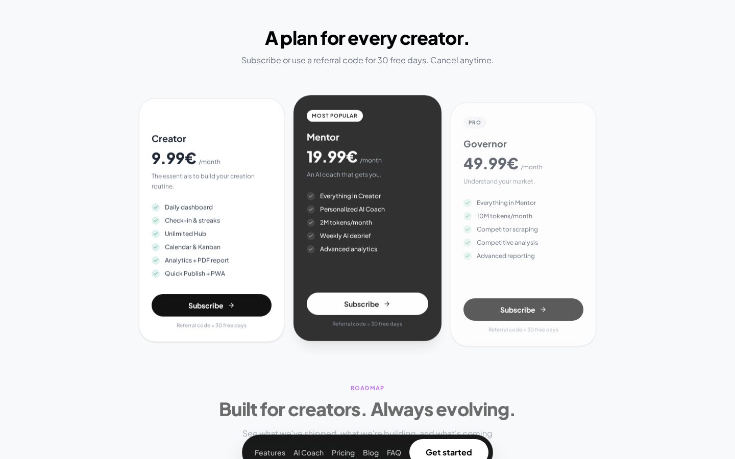 be a creator Pricing
